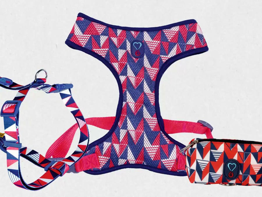 Peitoral estampado geométrico vermelho e azul com coleira